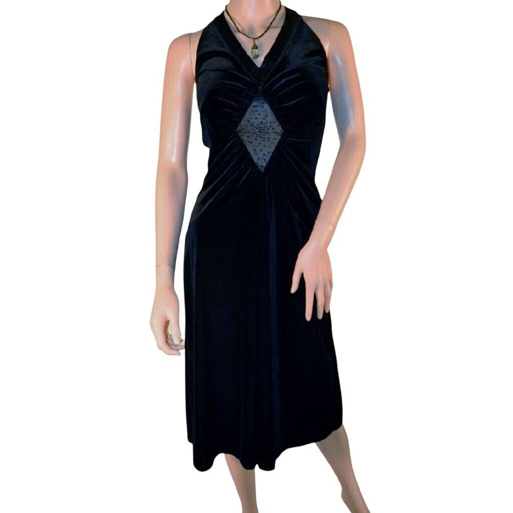 Vintage Y2K Black Dress Velvet Halter‎ Dress Tie-At-Neck Beaded Dress Maxi Large